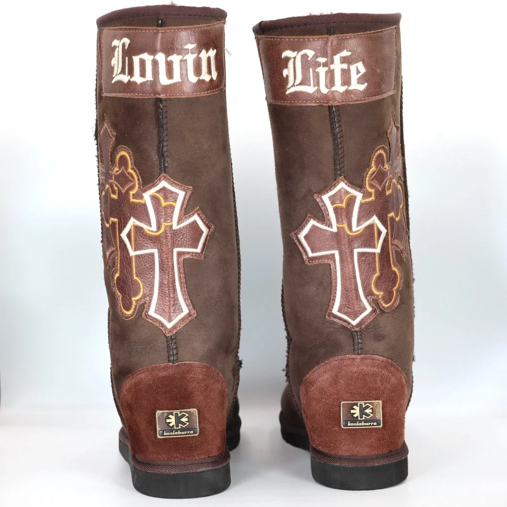 Koolaburra Mens 10 Brown Sheepskin Tall Boots Lovin Life Cross Winter Y2K UGG